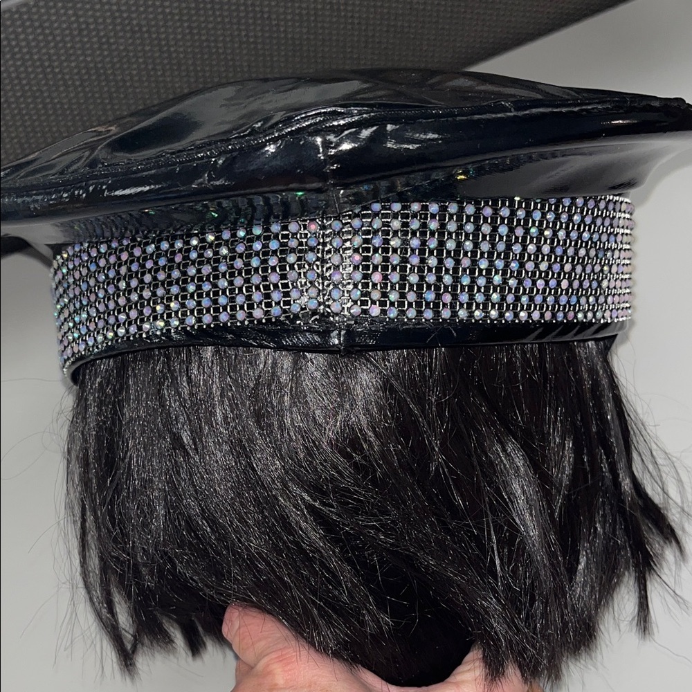 Leg Avenue Shiny faux leather Black Cap with Rhinestone Band & chin strap - Picture 5 of 9